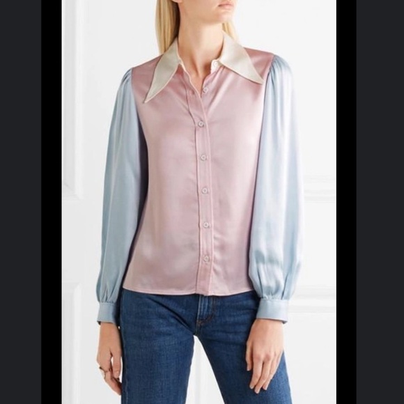 AlexaChung Pink Blue Pointed Collar Color Block Pastel Satin Shirt US 8 - Picture 1 of 13